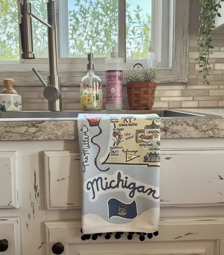 Michigan Map Cotton Tea Towel | Great Lakes State Kitchen Dish Towel Gift