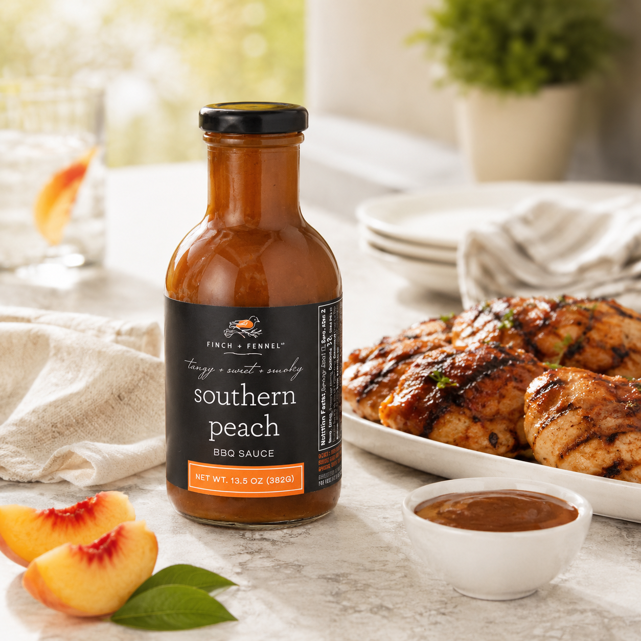 Bottle of southern peach BBQ sauce on a table with grilled chicken and peaches.
