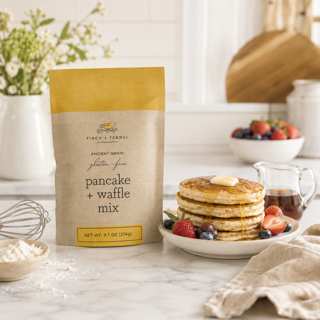 Bag of Finch & Fennel pancake and waffle mix on a kitchen counter with pancakes and berries.