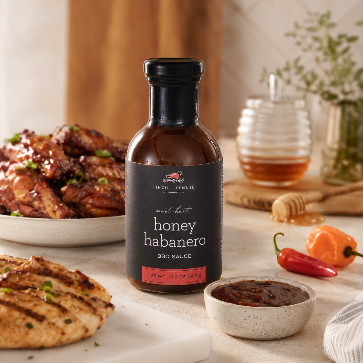 Bottle of honey habanero BBQ sauce on a table with food and ingredients.