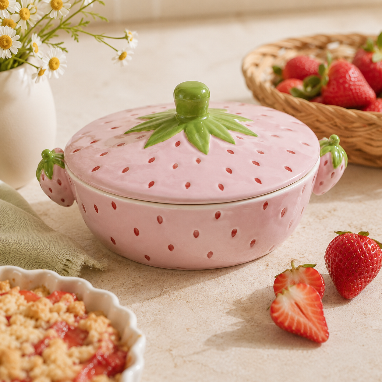 Pink strawberry-shaped ceramic dish with a lid on a table with strawberries and flowers.