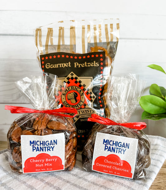 Michigan Snack Trio | Pretzels | Chocolate Cherries | Fruit Nut Mix