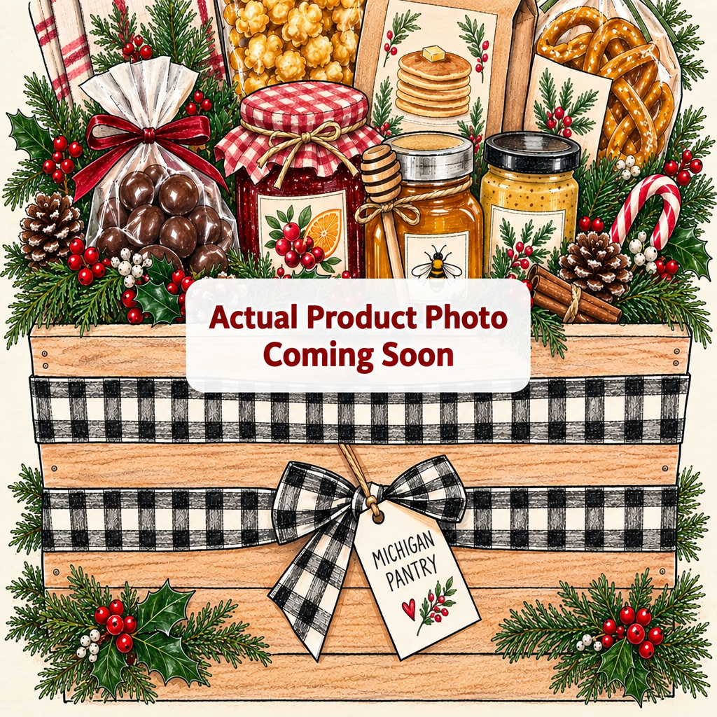 Deluxe Michigan Holiday Gift Box with Michigan-made Christmas treats, jam, peanut butter, breakfast mix and holiday ornament