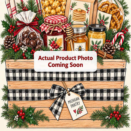 Deluxe Michigan Holiday Gift Box with Michigan-made Christmas treats, jam, peanut butter, breakfast mix and holiday ornament