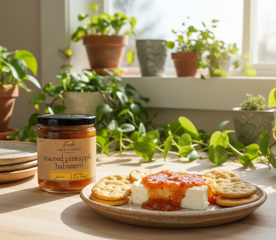 Jar of roasted pineapple habanero sauce on a wooden table with grilled pineapple and peppers in the background.