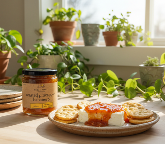 Jar of roasted pineapple habanero sauce on a wooden table with grilled pineapple and peppers in the background.