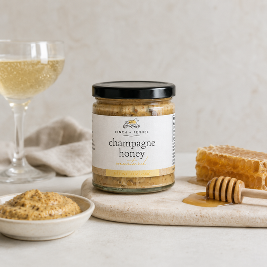 Finch + Fennel Champagne Honey Mustard with honey and serving accompaniments
