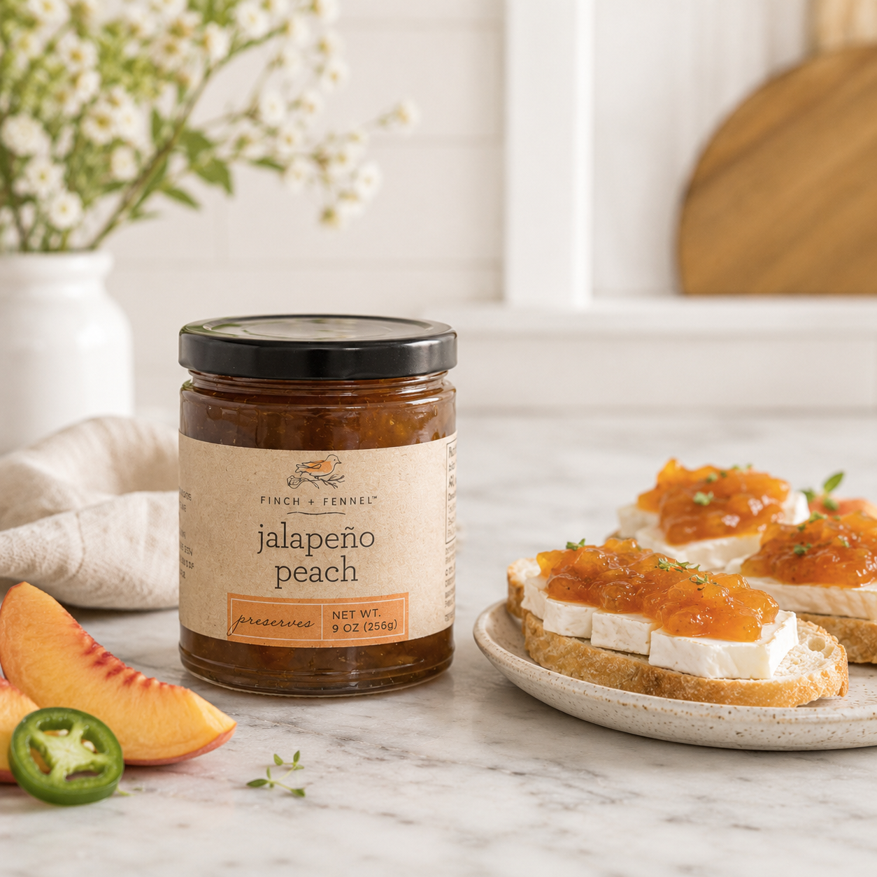 Jar of jalapeño peach preserves on a marble surface with crostini and peaches.