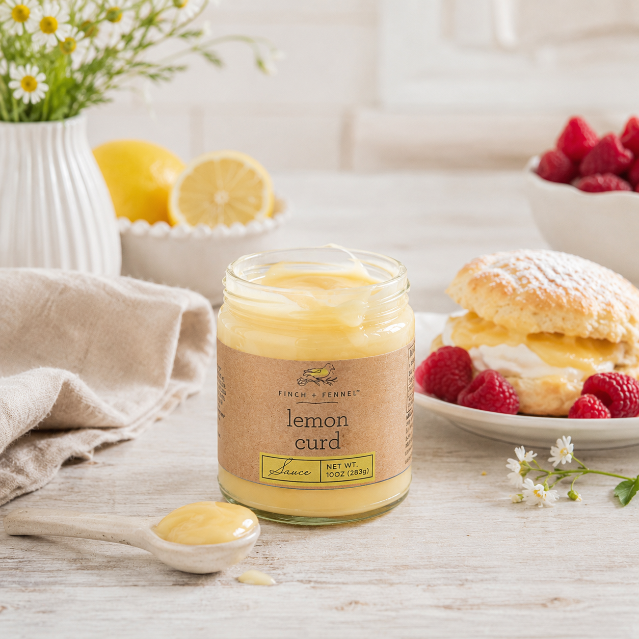 Jar of lemon curd with a plate of dessert and lemons on a wooden table.