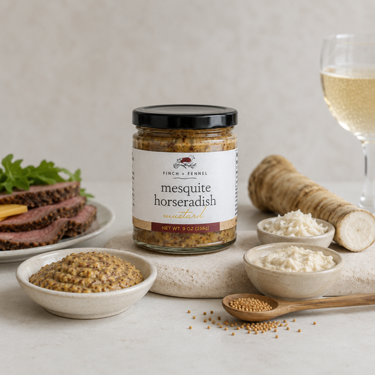 Finch + Fennel Mesquite Horseradish Mustard served with roast beef and horseradish
