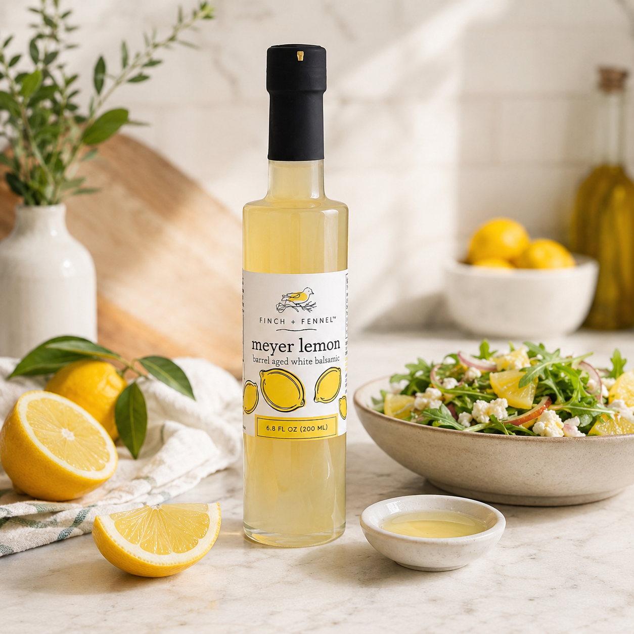 Bottle of meyer lemon salad dressing on a table with lemons and a salad.