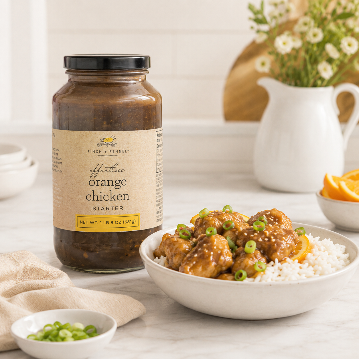 Jar of orange chicken starter with a bowl of chicken and rice on a table.
