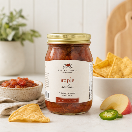 Jar of apple salsa with tortilla chips and salsa on a table
