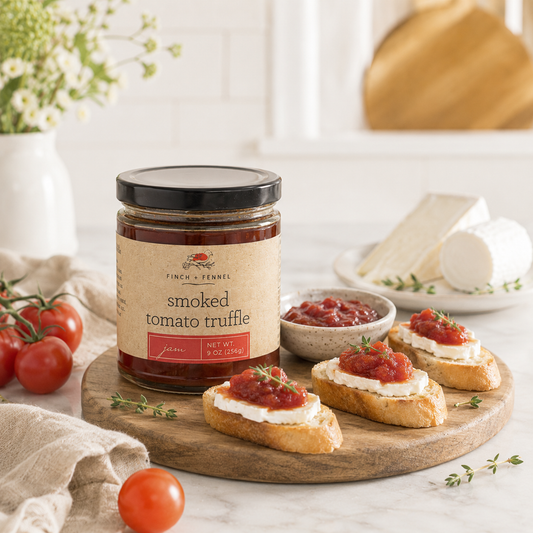 Jar of smoked tomato truffle spread on a wooden board with crostini and tomatoes.
