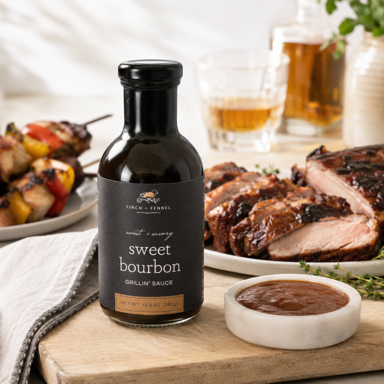 Bottle of Finch & Fennel sweet bourbon grillin' sauce with a dish of sliced meat and a small bowl of sauce on a wooden board.