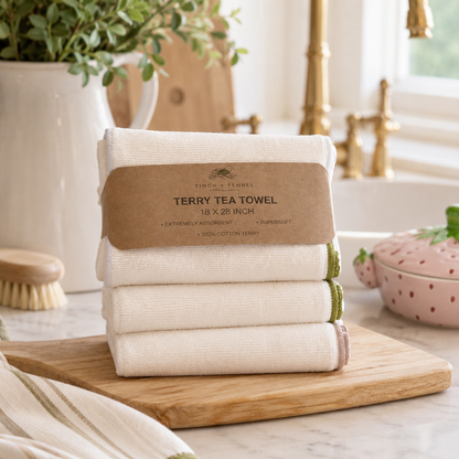 Stack of Terry Tea Towels on a wooden cutting board with a kitchen background