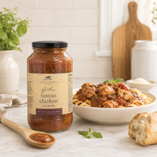 Jar of Tuscan chicken sauce with a bowl of pasta and bread on a kitchen counter.
