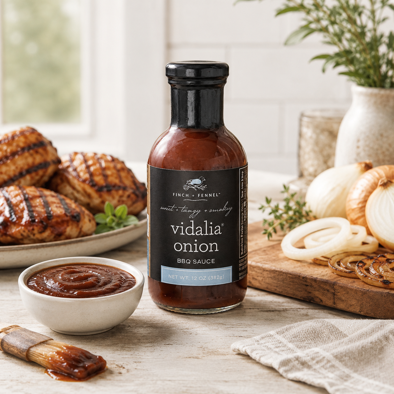 Bottle of Finch & Fennel Vidalia onion BBQ sauce on a table with grilled chicken and ingredients.